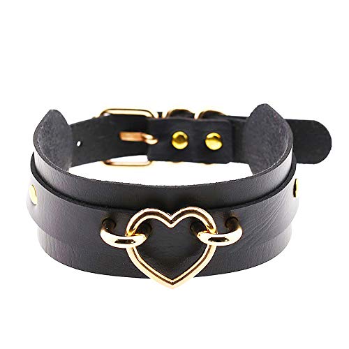 Daimay Breit Lederhalsband Halskette Herz Form Damen Leder Choker Metall Ring Halsband Gotik Punk Rock Lederband Einstellbar Kragen - Schwarz mit Gold Herz von Daimay