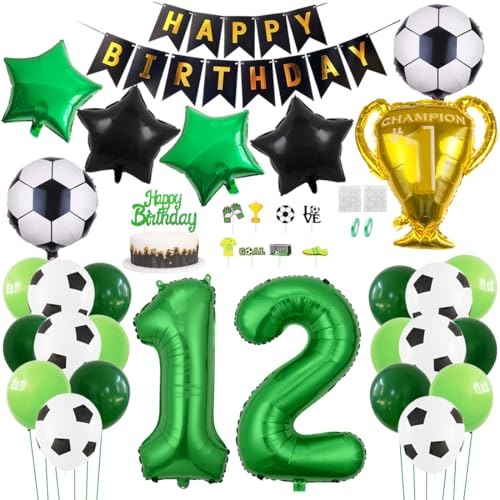 Daimay Fußball Luftballon 12 Jahre Geburtstag Deko Fussball Party Geburtstagsfeier Ballon Zubehör Set Grün Fußball Thema Party Happy Birthday Banner Fussball Tortendeko für Kinder Jungen Fußballfans von Daimay