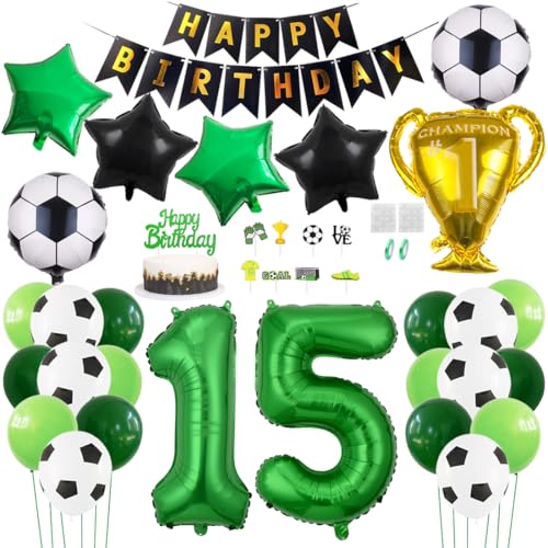 Daimay Fußball Luftballon 15 Jahre Geburtstag Deko Fussball Party Geburtstagsfeier Ballon Zubehör Set Grün Fußball Thema Party Happy Birthday Banner Fussball Tortendeko für Kinder Jungen Fußballfans von Daimay