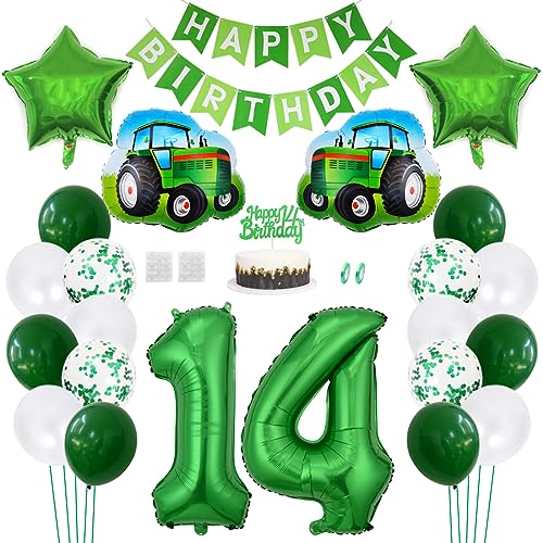 Daimay Traktor Geburtstag Deko 14 Jahre Auto Foil Balloon Happy Birthday Banner Trecker Luftballons Bauernhof Geburtstagsdeko Grün Folienballon Traktor Bagger Tortendeko für Jungen Party Dekoration von Daimay