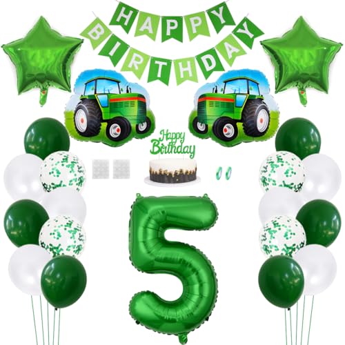 Daimay Traktor Geburtstag Deko 5 Jahre Auto Foil Balloon Happy Birthday Banner Trecker Luftballons Bauernhof Geburtstagsdeko Grün Folienballon Traktor Bagger Tortendeko für Jungen Party Dekoration von Daimay