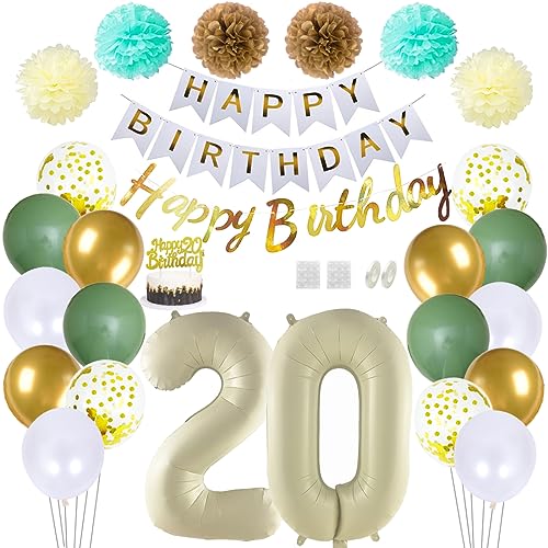 Daimay 20 Geburtstag Deko Frauen Mann Grün Beige Geburtstag Luftballon Dekoration Gold Weiß Party Deco Happy Birthday Girlande 20 Jahr Geburtstagdeko Ballons Pompons Konfetti Luftballons Tortenaufsatz von Daimay