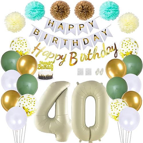 Daimay 40 Geburtstag Deko Frauen Mann Grün Beige Geburtstag Luftballon Dekoration Gold Weiß Party Deco Happy Birthday Girlande 40 Jahr Geburtstagdeko Ballons Pompons Konfetti Luftballons Tortenaufsatz von Daimay