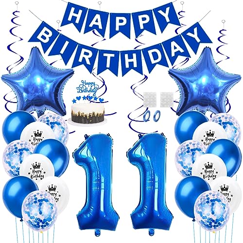 Daimay 11. Geburtstag Dekorationen Blau Geburtstagsdeko Mann Frauen Happy Birthday Banner Konfetti Luftballons Nummer Folienballons Stern Mylar Ballon Tortendeko für 11 Jahre Geburtstagsdeko von Daimay