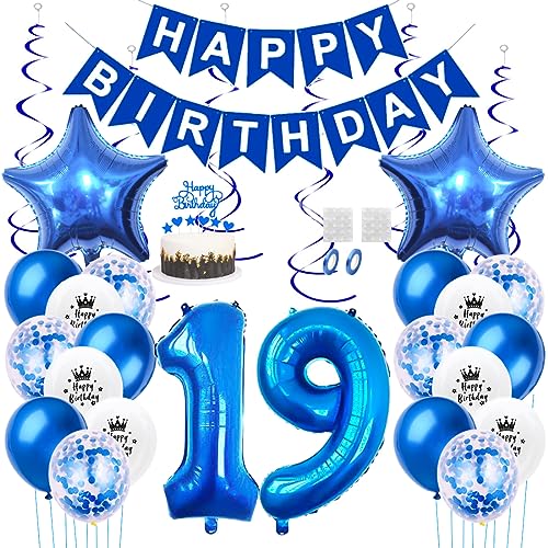 Daimay 19. Geburtstag Dekorationen Blau Geburtstagsdeko Mann Frauen Happy Birthday Banner Konfetti Luftballons Nummer Folienballons Stern Mylar Ballon Tortendeko für 19 Jahre Geburtstagsdeko von Daimay