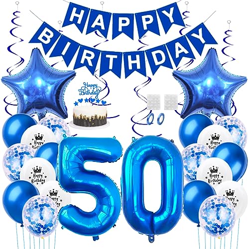 Daimay 50. Geburtstag Dekorationen Blau Geburtstagsdeko Mann Frauen Happy Birthday Banner Konfetti Luftballons Nummer Folienballons Stern Mylar Ballon Tortendeko für 50 Jahre Geburtstagsdeko von Daimay