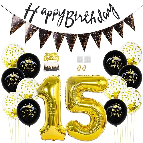 Daimay 15. Geburtstag Dekorationen Schwarz Gold Geburtstagsdeko Mann Frauen Happy Birthday Banner Konfetti Luftballons Nummer Folienballons Geburtstag Tortendeko für 15 Jahre Geburtstagsdeko von Daimay