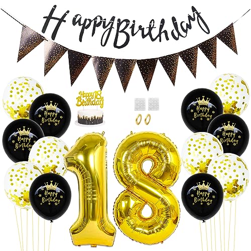 Daimay 18. Geburtstag Dekorationen Schwarz Gold Geburtstagsdeko Mann Frauen Happy Birthday Banner Konfetti Luftballons Nummer Folienballons Geburtstag Tortendeko für 18 Jahre Geburtstagsdeko von Daimay