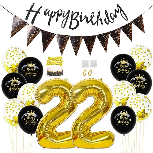 Daimay 22. Geburtstag Dekorationen Schwarz Gold Geburtstagsdeko Mann Frauen Happy Birthday Banner Konfetti Luftballons Nummer Folienballons Geburtstag Tortendeko für 22 Jahre Geburtstagsdeko von Daimay