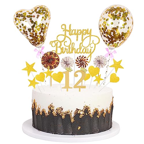 Daimay Tortenaufsätze Geburtstag Tortendeko Cake Topper Kuchen Deko Happy Birthday kuchendeko Boho Torten Topper Cupcake Muffin Topper Ballon Glitter Stern Konfetti Luftballon - Gold 12 von Daimay