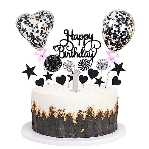 Daimay Tortenaufsätze Geburtstag Tortendeko Cake Topper Kuchen Deko Happy Birthday kuchendeko Boho Torten Topper Cupcake Muffin Topper Ballon Glitter Stern Konfetti Luftballon - Schwarz 1 von Daimay