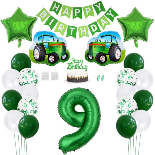 Daimay Traktor Geburtstag Deko 9 Jahre Auto Foil Balloon Happy Birthday Banner Trecker Luftballons Bauernhof Geburtstagsdeko Grün Folienballon Traktor Bagger Tortendeko für Jungen Party Dekoration von Daimay