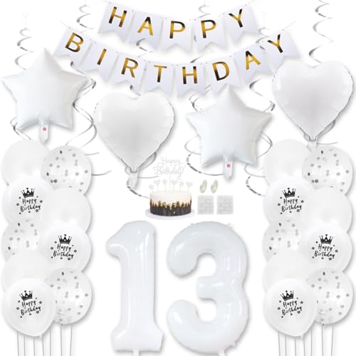 Daimay Weiß Luftballons Geburtstag Deko Frauen Mann Luftballons Weiß Dekoration Birthday Folienballons Banner Happy Birthday 13 Jahr Geburtstagdeko Ballons Konfetti Luftballons Tortenaufsatz von Daimay