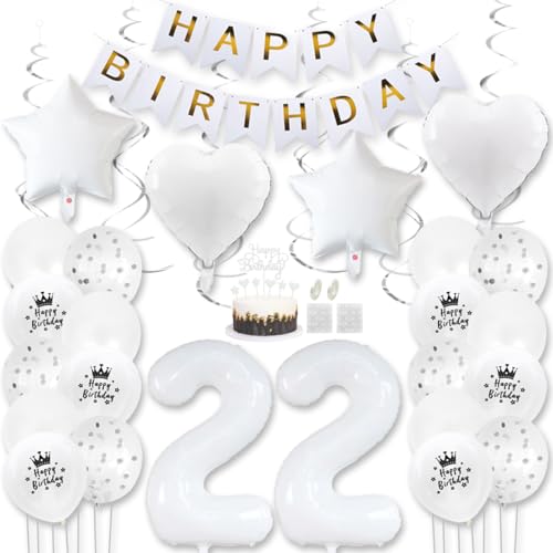 Daimay Weiß Luftballons Geburtstag Deko Frauen Mann Luftballons Weiß Dekoration Birthday Folienballons Banner Happy Birthday 22 Jahr Geburtstagdeko Ballons Konfetti Luftballons Tortenaufsatz von Daimay