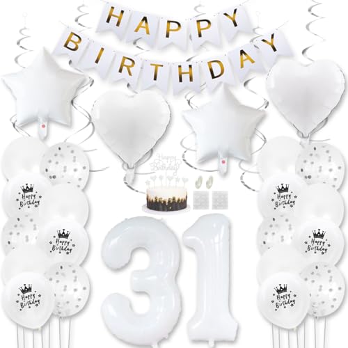 Daimay Weiß Luftballons Geburtstag Deko Frauen Mann Luftballons Weiß Dekoration Birthday Folienballons Banner Happy Birthday 31 Jahr Geburtstagdeko Ballons Konfetti Luftballons Tortenaufsatz von Daimay