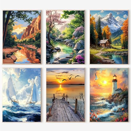 6 Stück Landschaft Malen Nach Zahlen, Paint by Numbers, Malen Nach Zahlen Erwachsene, Paint by Numbers Adult für Geschenk und Home Decor 30x40cm Rahmenlos von Daisen Art