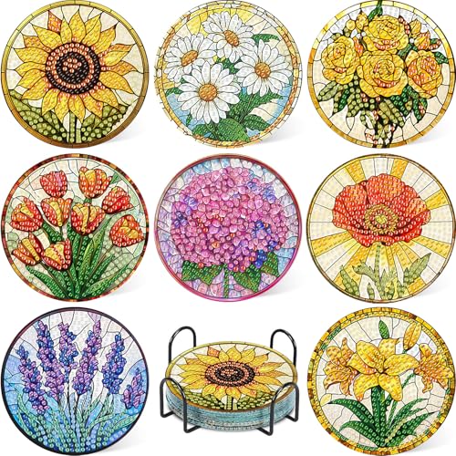 Daisen Art 8 Stück Diamond Painting Untersetzer Blumen Diamond Painting Coasters with Holder, Blumen Diamond Coasters, 5D DIY Blumen Untersetzer rutschfest für Anfänger, Erwachsene & Kinder von Daisen Art