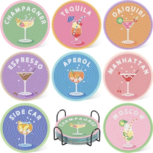Daisen Art 8 Stück Diamond Painting Untersetzer Cocktail Diamond Painting Coasters with Holder, Cocktail Diamond Coasters, 5D DIY Cocktail Untersetzer rutschfest für Anfänger, Erwachsene & Kinder von Daisen Art
