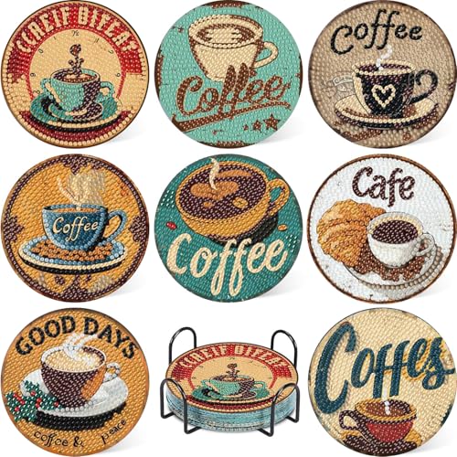 Daisen Art 8 Stück Diamond Painting Untersetzer Kaffee Diamond Painting Coasters with Holder, Coffee Diamond Coasters, 5D DIY Kaffee Untersetzer rutschfest für Anfänger, Erwachsene & Kinder von Daisen Art