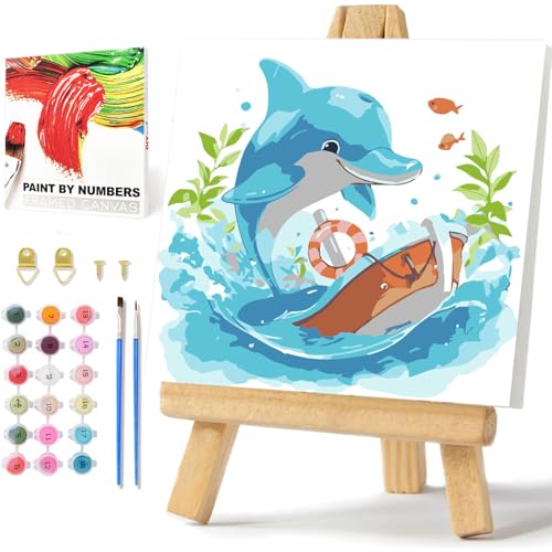 Delphin Malen Nach Zahlen Kinder, Delphin Malen Nach Zahlen mit Rahmen, Paint by Numbers Tiere, Malen Nach Zahlen ab 6 für Geschenk und Home Decor 20x20cm von Daisen Art