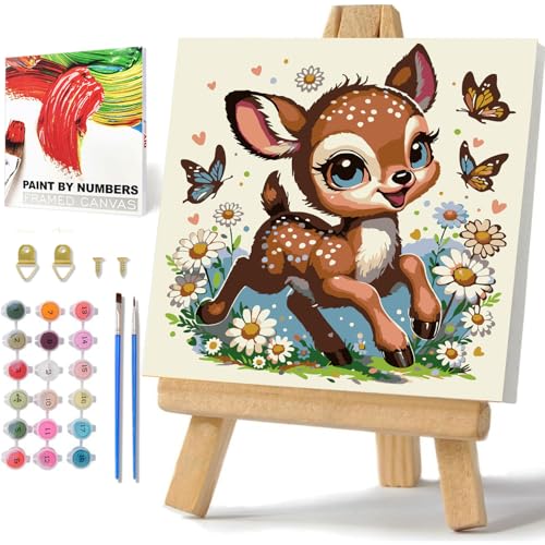 Reh Malen Nach Zahlen Kinder mit Rahmen und Box und Staffelei, Malen Nach Zahlen Kinder ab 7 8 9 10, Reh Paint by Numbers Kids, Reh Malen Nach Zahlen Klein, Dekoration für zu Hause 20x20cm von Daisen Art