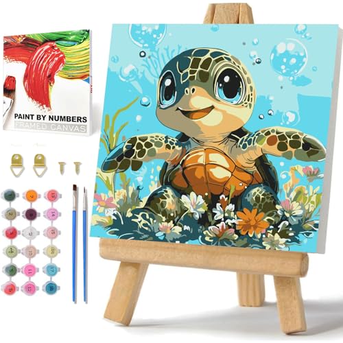 Seeschildkröte Malen Nach Zahlen Kinder mit Rahmen und Box, Seeschildkröte Paint by Number Kids, Malen Nach Zahlen Kinder ab 9 10 11 12 mit Kasten und Staffelei 20x20cm von Daisen Art