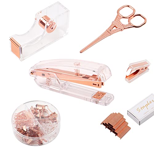 Büro Zubehör Set Rosegold, DaizySight Bürobedarf Aesthetic Deko - mit Tacker Heftklammern, Tesafilm Abroller, Mini Entklammerer, Schere, Pinnadeln, Büroklammern, Schule Sachen Schreibtisch Utensilien von DaizySight