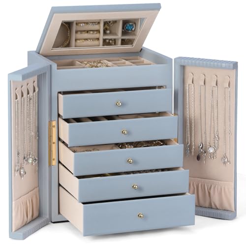 Dajasan Groß Schmuckkästchen, Schmuckaufbewahrung mit Spiegel, PU-Leder Schmuckkasten, große Schmuckschatulle mit 6 Ebenen für Damen, Selbst, Mädchen, Freunde, Frau oder Mutter (Blau) von Dajasan