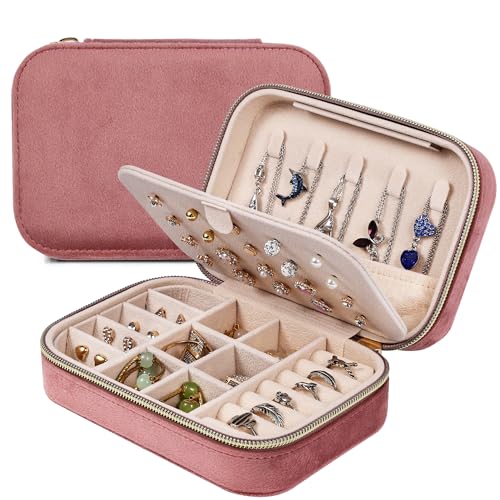 Dajasan Reise Schmuckkästchen, Klein Schmuckaufbewahrung, Schmuckschatulle, Samt Schmuck Organizer für Damen Mädchen, Schmuck Geschenk Box für Geburtstag, Weihnachten, Muttertag (Rosa) von Dajasan