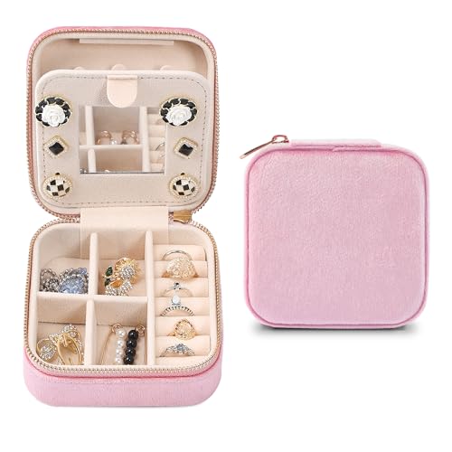 Dajasan Reise Schmuckkästchen, Klein Schmuckaufbewahrung, Schmuckschatulle, Samt Schmuck Organizer für Damen Mädchen, Schmuck Geschenk Box für Geburtstag, Weihnachten, Muttertag (Rosa) von Dajasan