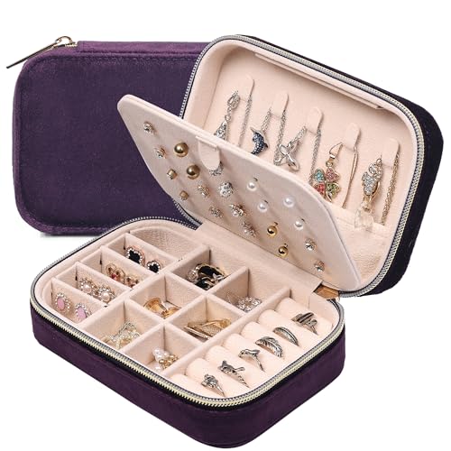 Dajasan Reise Schmuckkästchen, Klein Schmuckaufbewahrung, Schmuckschatulle, Samt Schmuck Organizer für Damen Mädchen, Schmuck Geschenk Box für Geburtstag, Weihnachten, Muttertag (Tiefviolett) von Dajasan