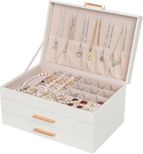 Dajasan Schmuckkästchen, Groß Schmuckaufbewahrung, 3 Ebenen Schmuckkasten, Schmuckschatulle mit 2 Schubladen für Ringe, Halsketten, Ohrringe, Uhren, Armbänder,Geschenkidee (Weiß) von Dajasan