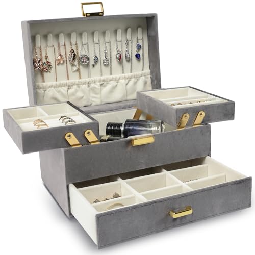 Dajasan Schmuckkästchen, Schmuckaufbewahrung für Damen, Groß Schmuck Organizers, Samt Schmuckschatulle mit 1 Schubladen für Ringe, Ohrringe, Armbänder, Halsketten (Grau) von Dajasan