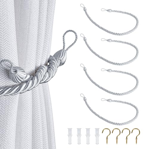 Dalababa 2 Paar Vorhang Raffhalter mit Haken Gardinen Holdbacks Vorhanghalter Seil Clips Polyester Tiebacks für Haus Office Kinderzimmer Fenster Zubehör,Grau von Dalababa