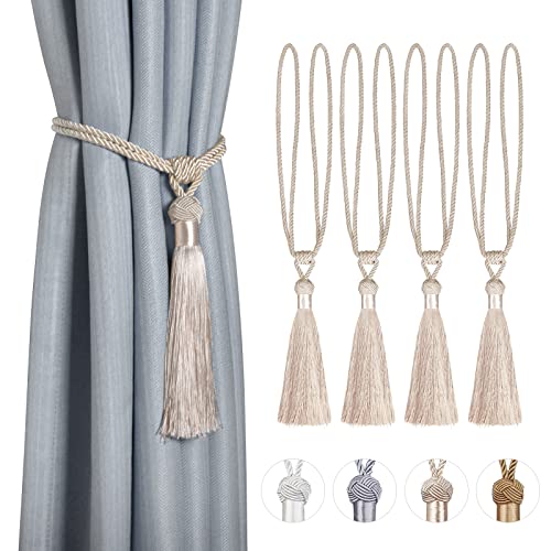 Dalababa 4 Stück Vorhanghalter Raffhalter Gardinenhalter Polyester Baumwoll Seil mit Quaste Vorhang Tiebacks Dekorative Fenster Einfarbig Gardinen Zubehör,Beige von Dalababa