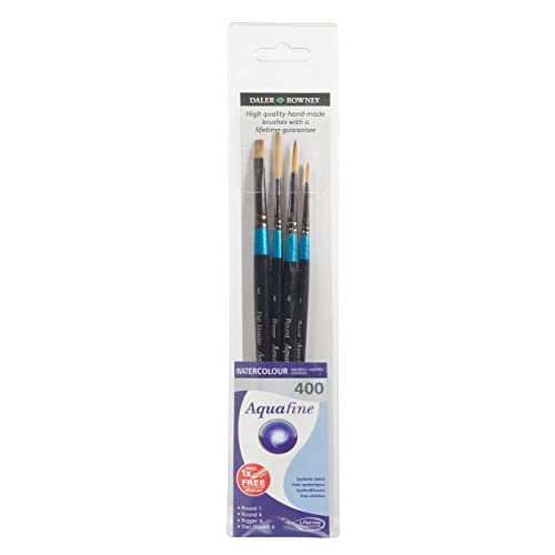 Daler Rowney Aquafine Aquarell-Set aus weichem Kunsthaar, 4 verschiedene Pinsel mit kurzem Griff (rund, Rigger und flacher Shader), ideal für professionelle und Anfänger-Künstler von Daler Rowney