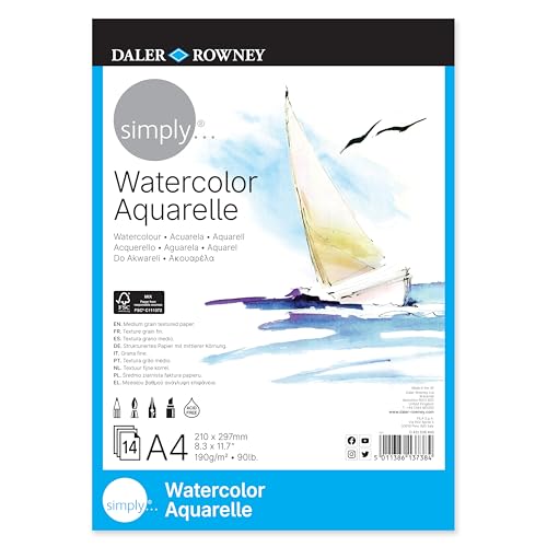 Daler-Rowney Simply Aquarellpapier, mittlere Körnung, 190 g/m², 90 Pfund, 1 Seite, A4-21 x 29,7 cm, 14 Blatt von Daler Rowney