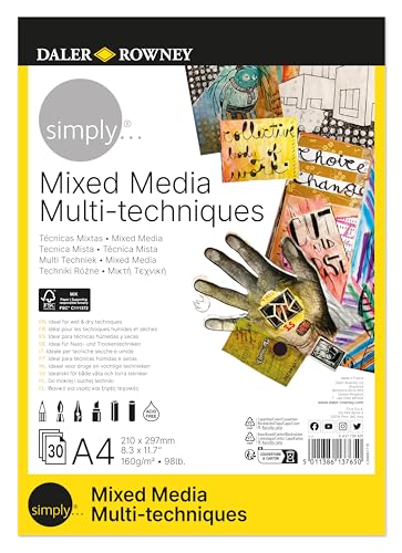 Daler-Rowney Simply Mixed Media Papier für Mischtechniken, leichte Textur, 160 g/m², A4 21 x 29,7 cm, Weiß, 30 Blatt Daler-Rowney Simply Mixed Media Papier für Mischtechniken, leichte Textur, 160 g/m², A4 21 x 29,7 cm, Weiß, 30 Blatt von Daler Rowney