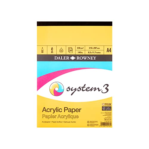 Daler Rowney System3 Acrylpapier, Leinenstruktur, 230 g/m², A4, einseitig geklebt, 20 weiße Blätter, ideal für professionelle Künstler und Studenten von Daler Rowney