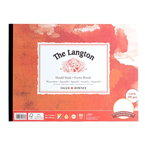 Daler-Rowney The Langton Aquarellpapier, heißgepresst, 300 g/m², 40,6 x 30,5 cm, einseitig geklebt, 12 naturweiße Blätter, ideal für professionelle Künstler und Studenten von Daler-Rowney