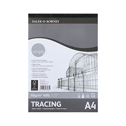 Daler-Rowney Simply Smooth Surface 60 g/m² A4 Transparentpapierblock, einseitig geklebt, 40 Blatt, ideal für Einsteiger und Hobbyisten von Daler Rowney