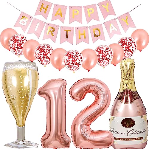 Dalettu Luftballon 12. Geburtstag Deko Mädchen, Folienballon Weinflasche Sektflasche Helium Ballon Deko, Roségold Geburtstagsdeko 12 Jahre Mädchen, Happy Birthday Banner für 12. Geburtstag Party Deko von Dalettu