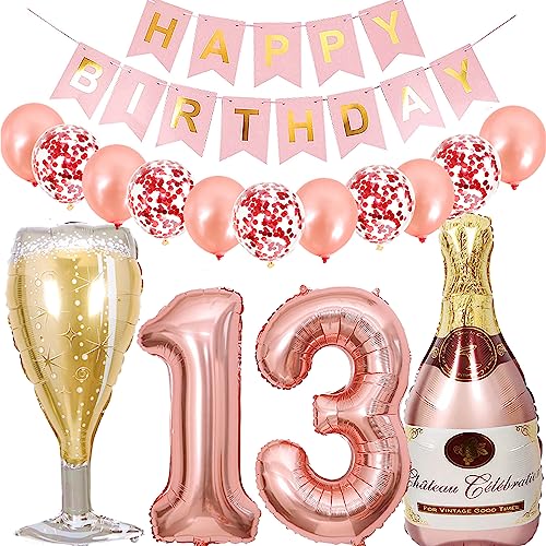 Dalettu Luftballon 13. Geburtstag Deko Mädchen, Folienballon Weinflasche Sektflasche Helium Ballon Deko, Roségold Geburtstagsdeko 13 Jahre Mädchen, Happy Birthday Banner für 13. Geburtstag Party Deko von Dalettu