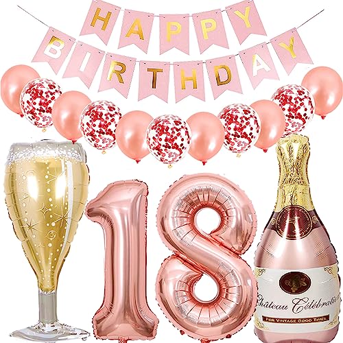 Dalettu Luftballon 18. Geburtstag Deko Mädchen, Folienballon Weinflasche Sektflasche Helium Ballon Deko, Roségold Geburtstagsdeko 18 Jahre Mädchen, Happy Birthday Banner für 18. Geburtstag Party Deko von Dalettu
