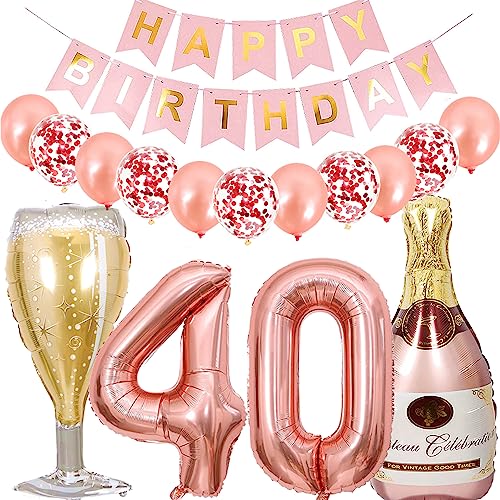 Dalettu Luftballon 40. Geburtstag Deko Frau, Folienballon Weinflasche Sektflasche Rose Gold Helium Ballon Deko, Geburtstagsdeko 40 Jahre Frauen, Happy Birthday Banner für 40 Jahr Geburtstag Party Deko von Dalettu