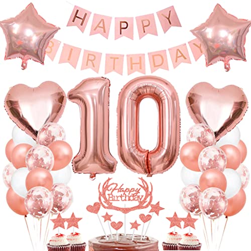 Dalettu Geburtstagdeko 10 Jahre Mädchen, Luftballon 10. Geburtstag Deko, Tortendeko 10 Jahre Geburtstag Mädchen, Folienballon Zahl 10 Rosegold, Happy Birthday Girlande für 10. Geburtstag Party Deko von Dalettu