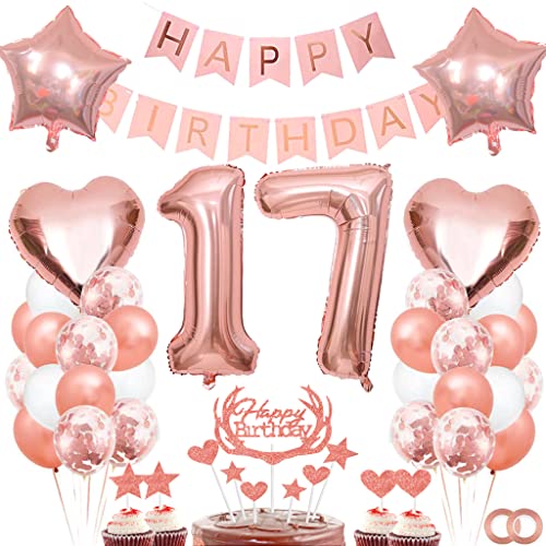 Dalettu Geburtstagdeko 17 Jahre Mädchen, Luftballon 17. Geburtstag Deko, Tortendeko 17 Jahre Geburtstag Mädchen, Folienballon Zahl 17 Rosegold, Happy Birthday Girlande für 17. Geburtstag Party Deko von Dalettu