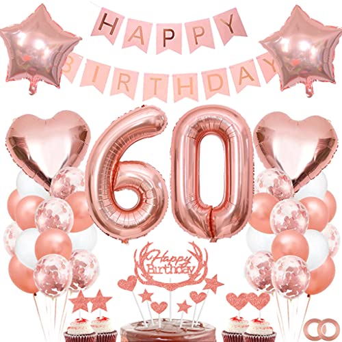 Dalettu Geburtstagdeko 60 Jahre Geburtstag Frau, Luftballon 60. Geburtstag Deko, Tortendeko Geburtstag 60. Frauen, Folienballon Zahl 60 Rosegold, Happy Birthday Girlande für 60. Geburtstag Party Deko von Dalettu
