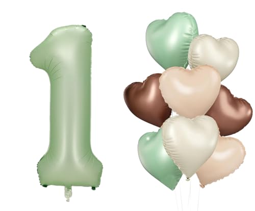 Dalettu Luftballon 1. Geburtstag Mädchen Deko, 8 Stück Olivgrün Beige Braune Aprikosen Herz, Ballons Olivgrün Zahl 1 Luftballon, Folienballon Nummer für Mädchen Kinder 1. Geburtstag Party Deko von Dalettu
