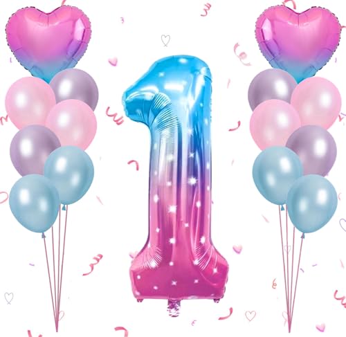 Dalettu Luftballon 1. Geburtstag Mädchen Deko, Ballons Sternenhimmel Zahl 1 Luftballon, Latexballons HellRosa Blau Lila Herz Folienballon Zahl 1 für Mädchen Kinder 1. Geburtstag Party Dek von Dalettu